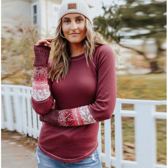 NWT - Free People In The Mix Cuff Top - Rio Vino - Picture 5 of 16